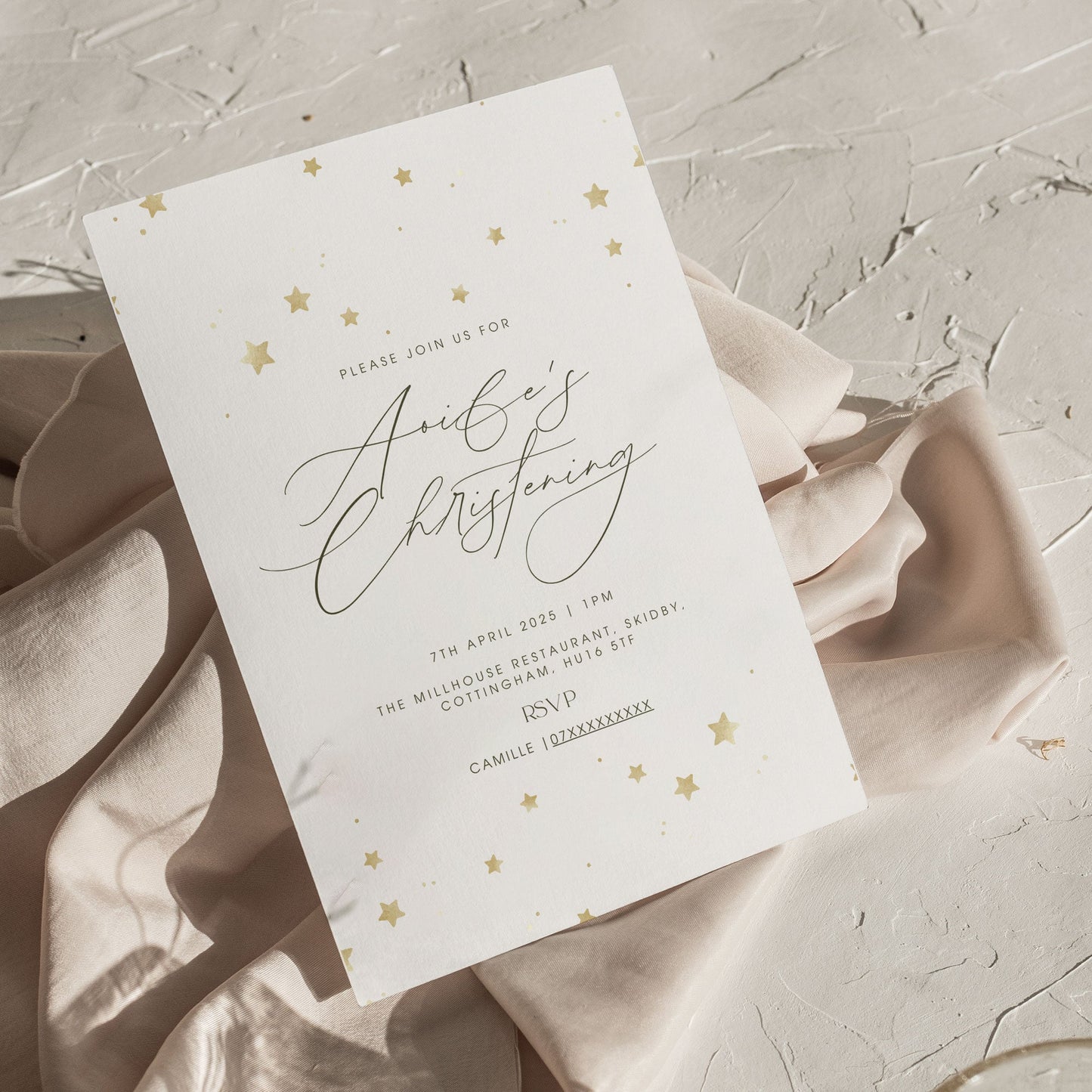 Aoife Gold Stars Christening Invitation & A1 Welcome Sign Bundle - Elegant Digital Template Ivy and Gold Wedding Stationery