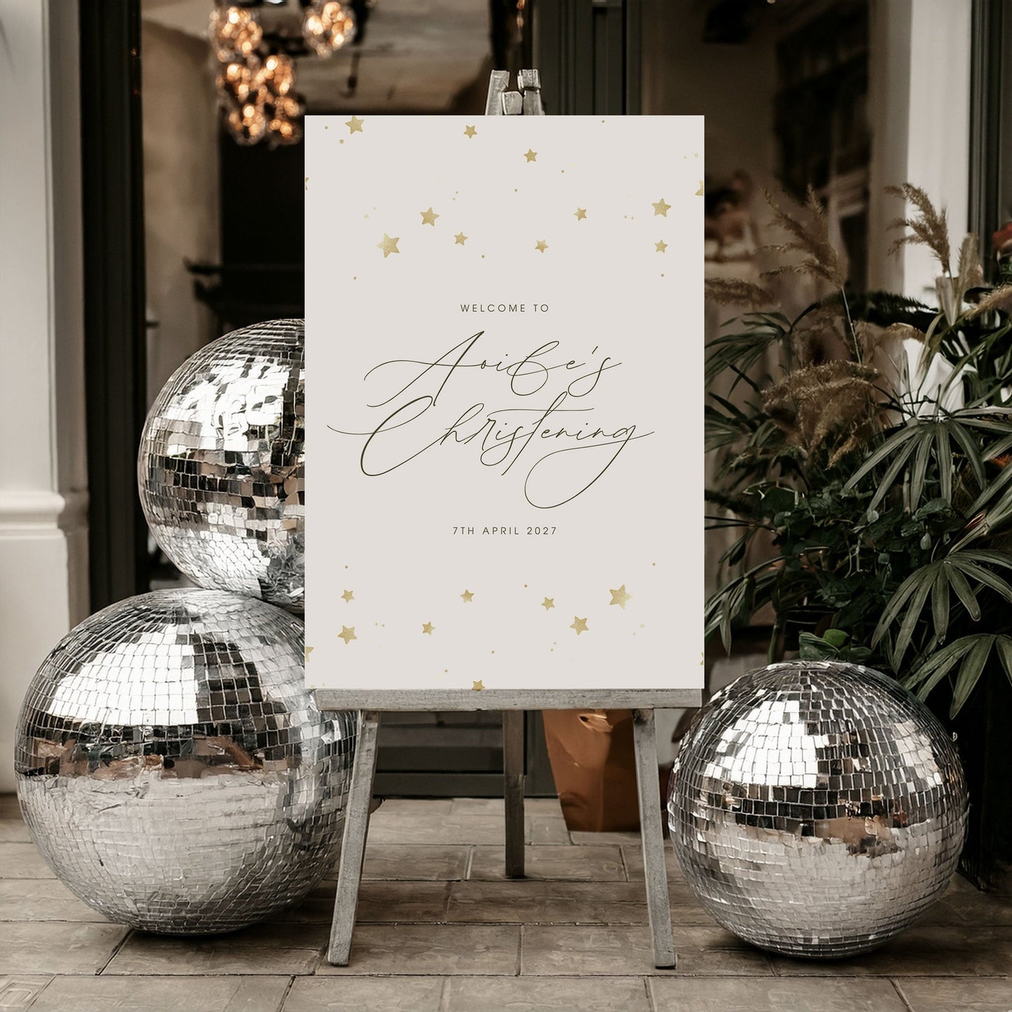 Aoife Gold Stars Christening Invitation & A1 Welcome Sign Bundle - Elegant Digital Template Ivy and Gold Wedding Stationery