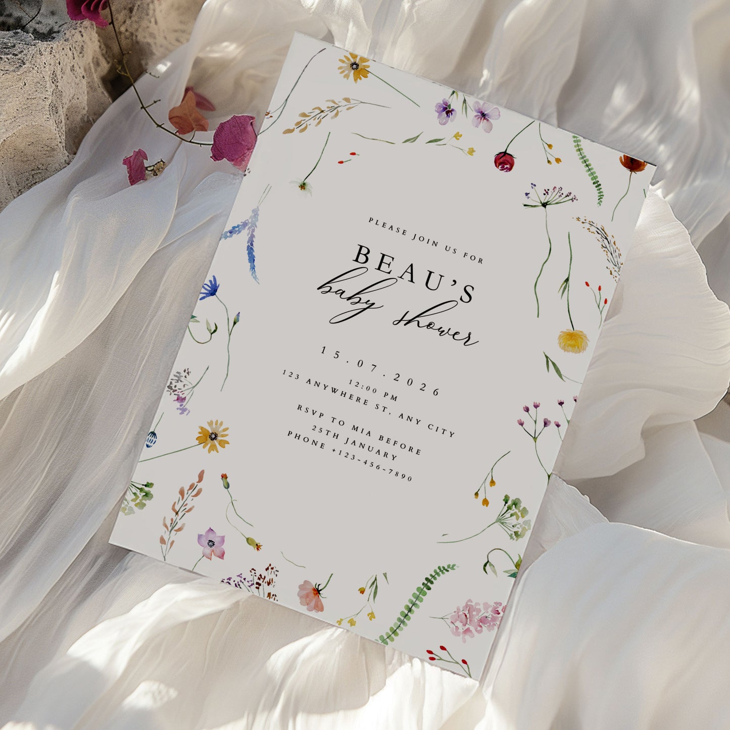 Beau WIldflower Baby Shower Invitation & Digital Template Bundle