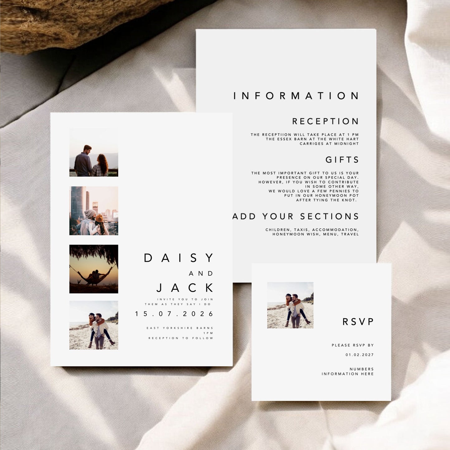 Daisy Photo Strip Wedding Invitation - Unique Photo Booth Style Ivy and Gold Wedding Stationery
