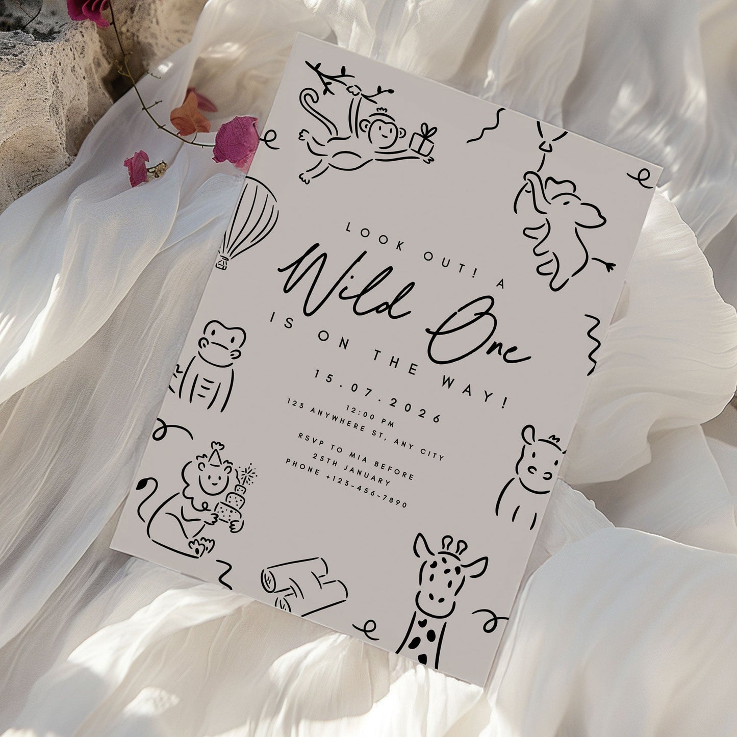 Doodle Wild One Safari Animal Baby Shower Invitation & Full Stationery Bundle - Whimsical Canva Design Ivy and Gold Wedding Stationery