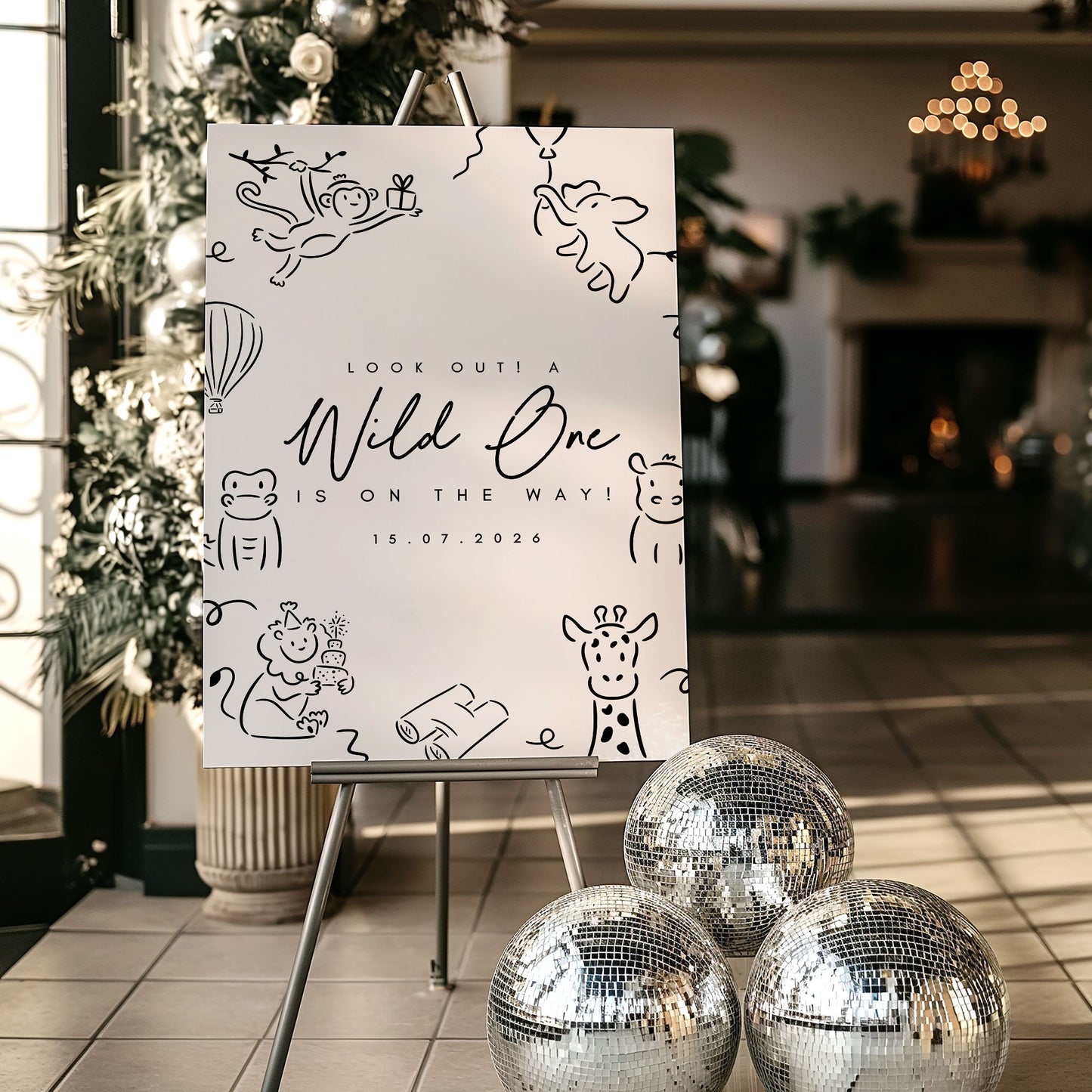 Doodle Wild One Safari Animal Baby Shower Invitation & Full Stationery Bundle - Whimsical Canva Design Ivy and Gold Wedding Stationery