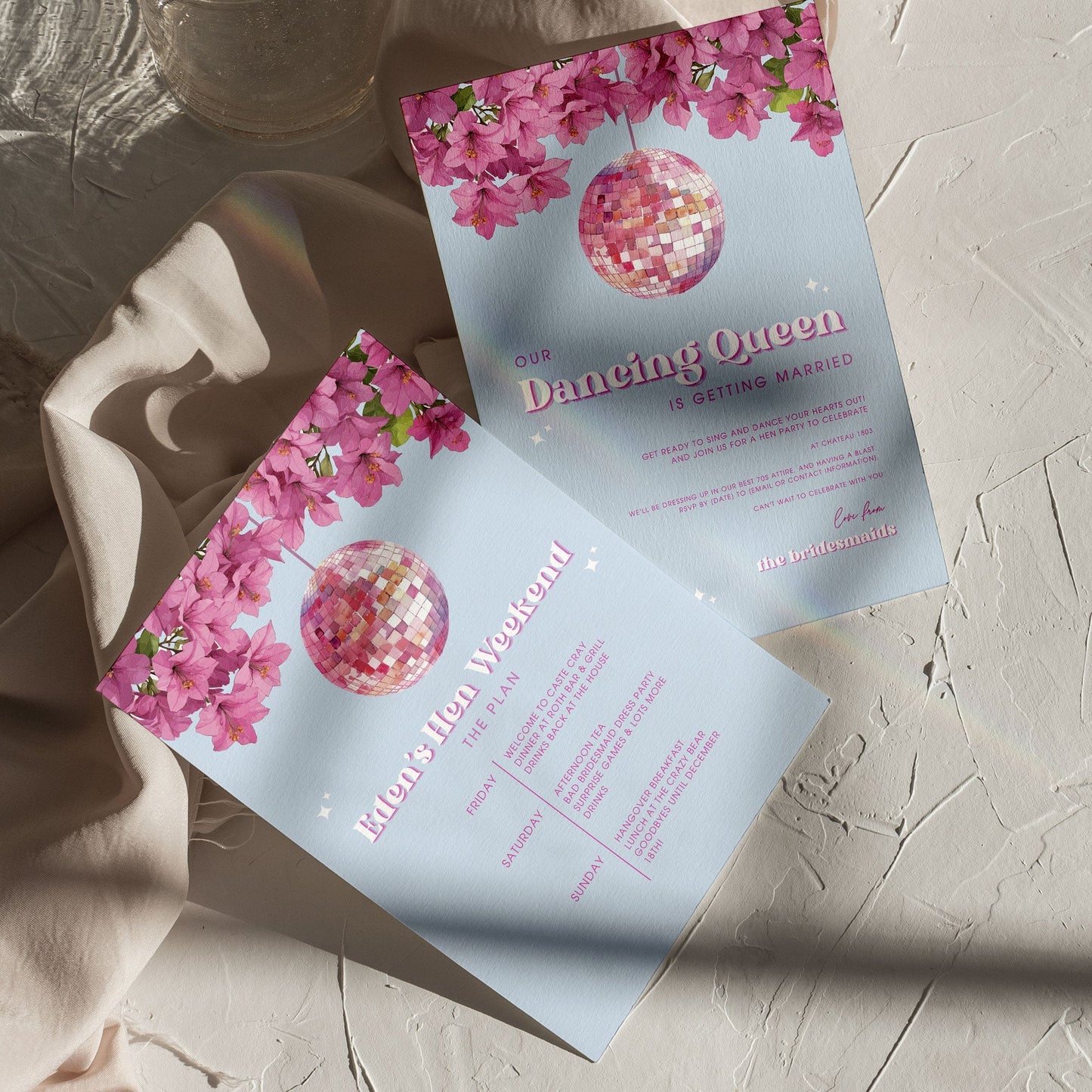 Dancing Queen Greek Mama Mia Hen Party Full Stationery Bundle Ivy and Gold Wedding Stationery