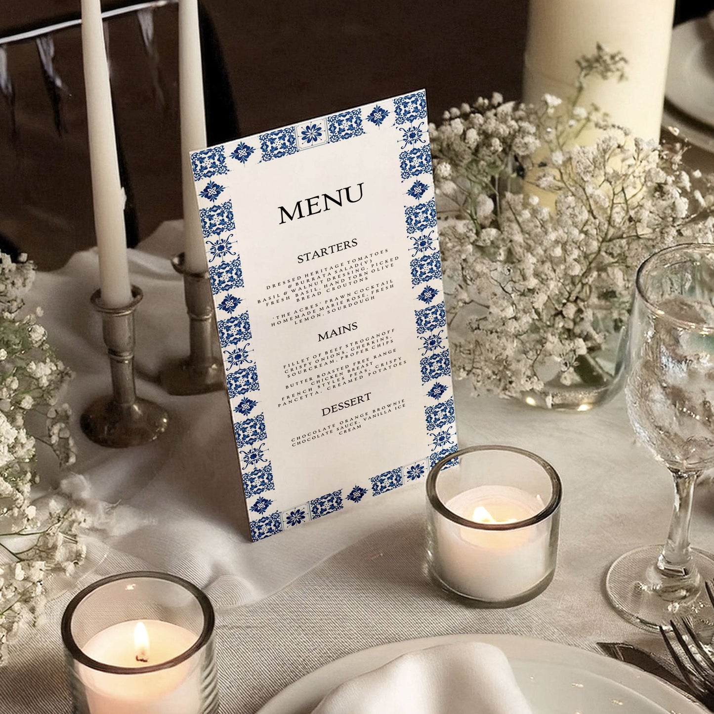 Eloise Sicilian Tile Wedding Menu Card | Italian Capri Inspired Design Ivy and Gold Wedding Stationery