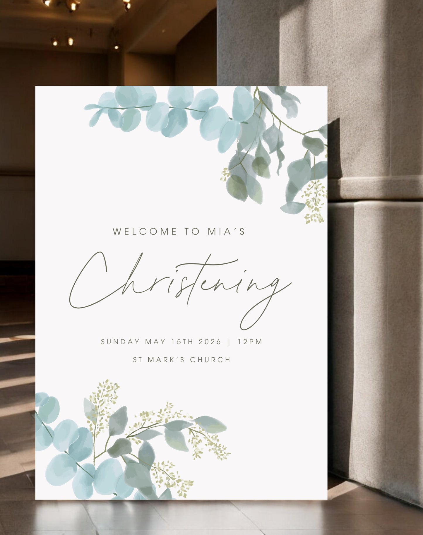 Mia Eucalyptus Christening Welcome Sign - Ivy and Gold Wedding Stationery