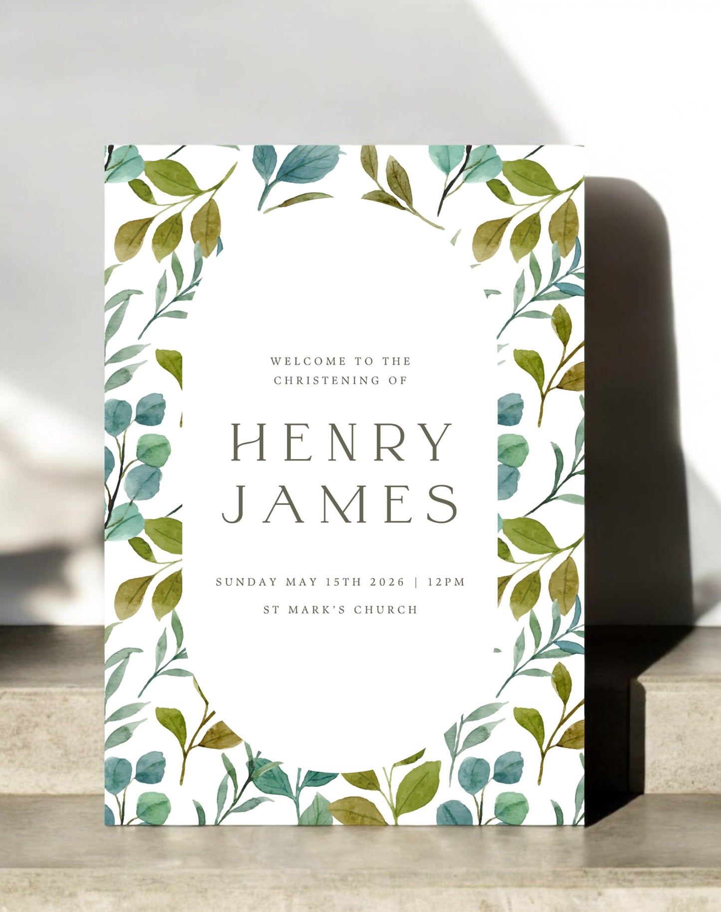 Henry Foliage Pattern Christening Welcome Sign - Ivy and Gold Wedding Stationery