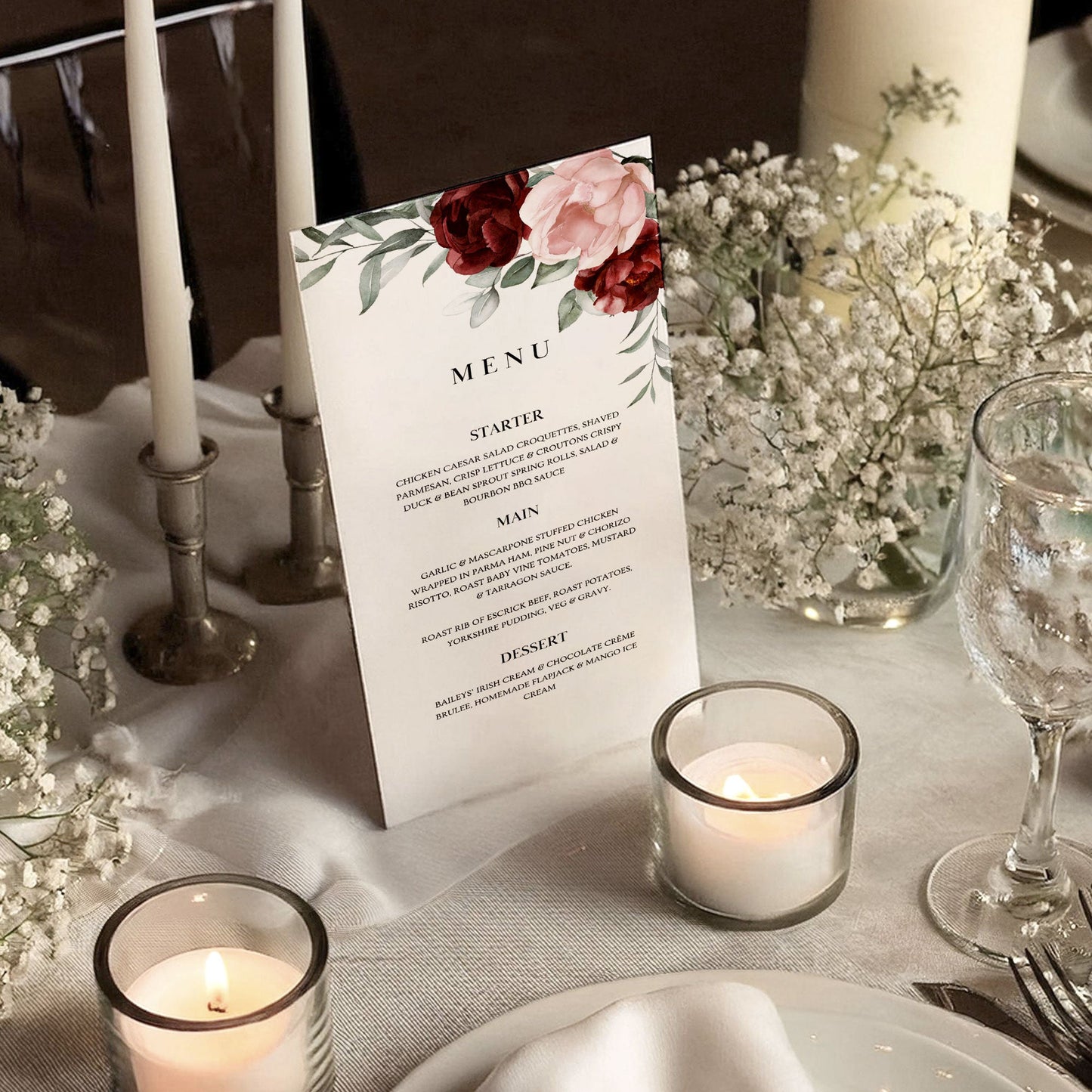 Kelsey Pink & Red Roses Wedding Menu Card | Romantic Floral Design Ivy and Gold Wedding Stationery