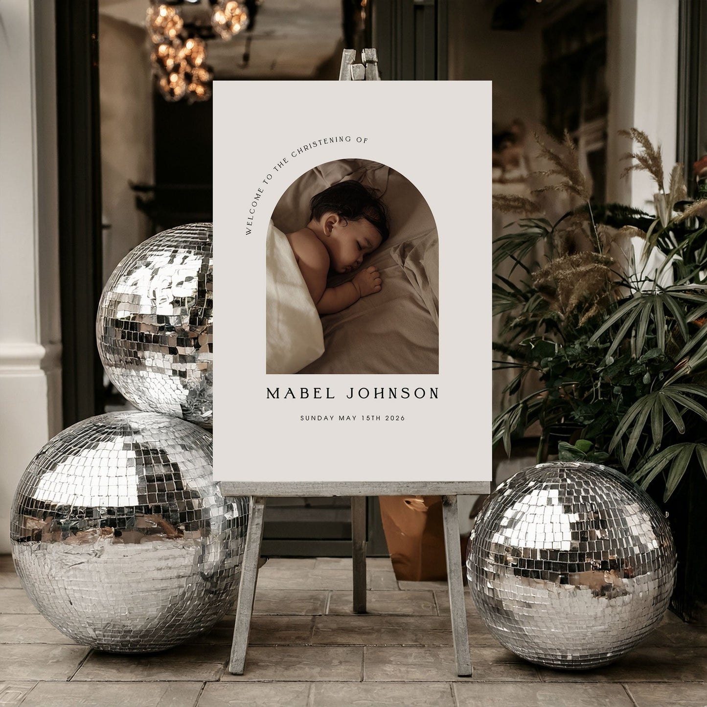 Mabel Arch Photo Frame Christening Invitation & A1 Welcome Sign Bundle - Modern Digital Template Ivy and Gold Wedding Stationery
