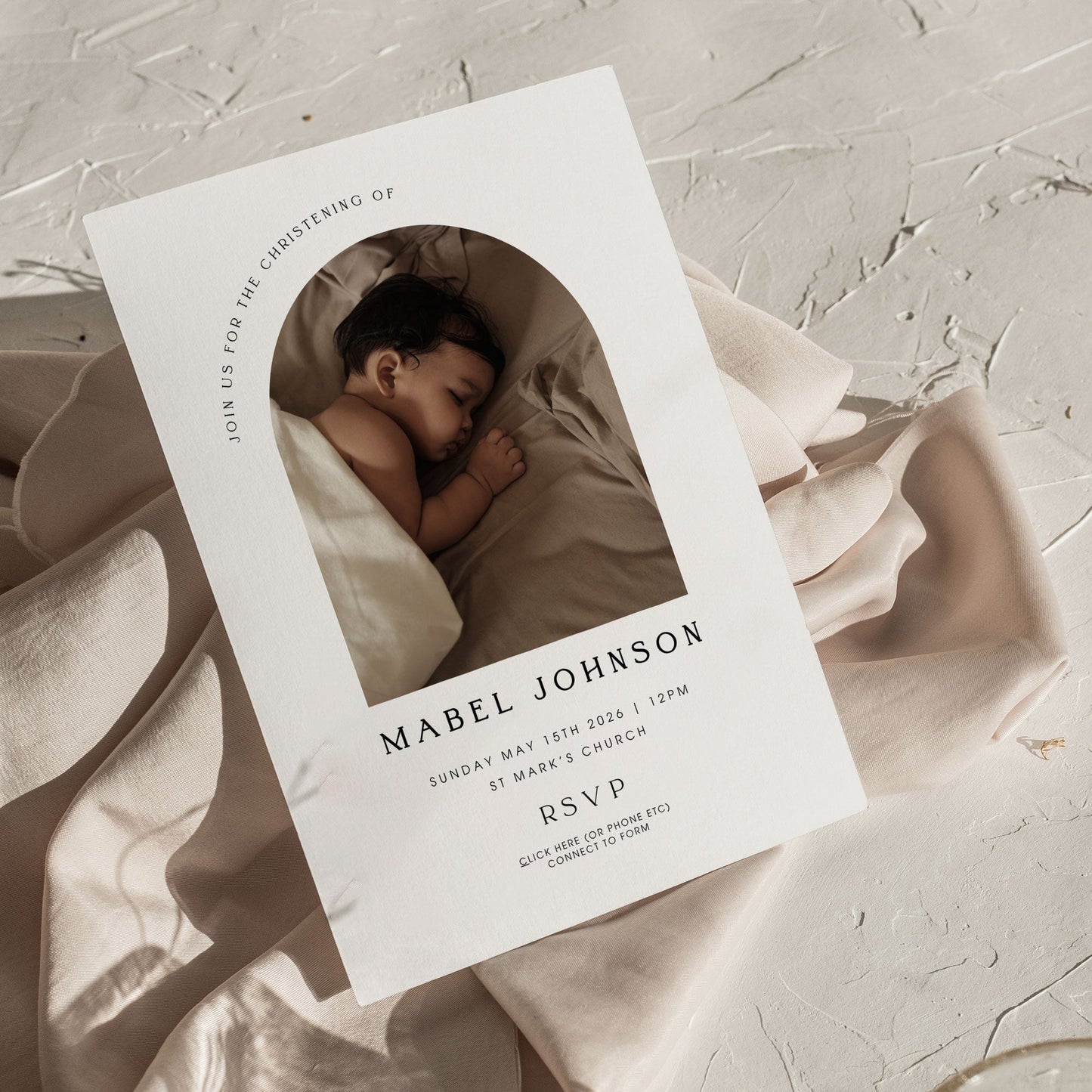 Mabel Arch Photo Frame Christening Invitation & A1 Welcome Sign Bundle - Modern Digital Template Ivy and Gold Wedding Stationery