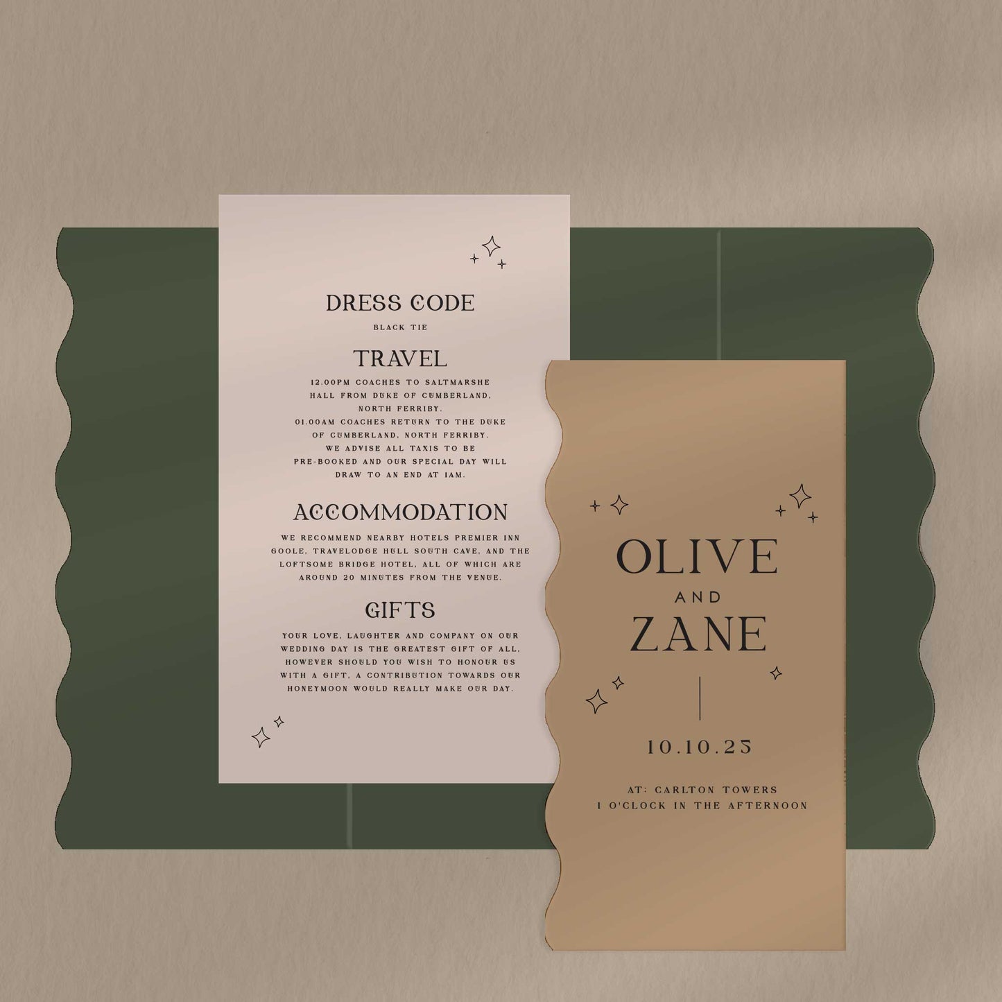 Scallop Envelope Sample  Ivy and Gold Wedding Stationery Olive  