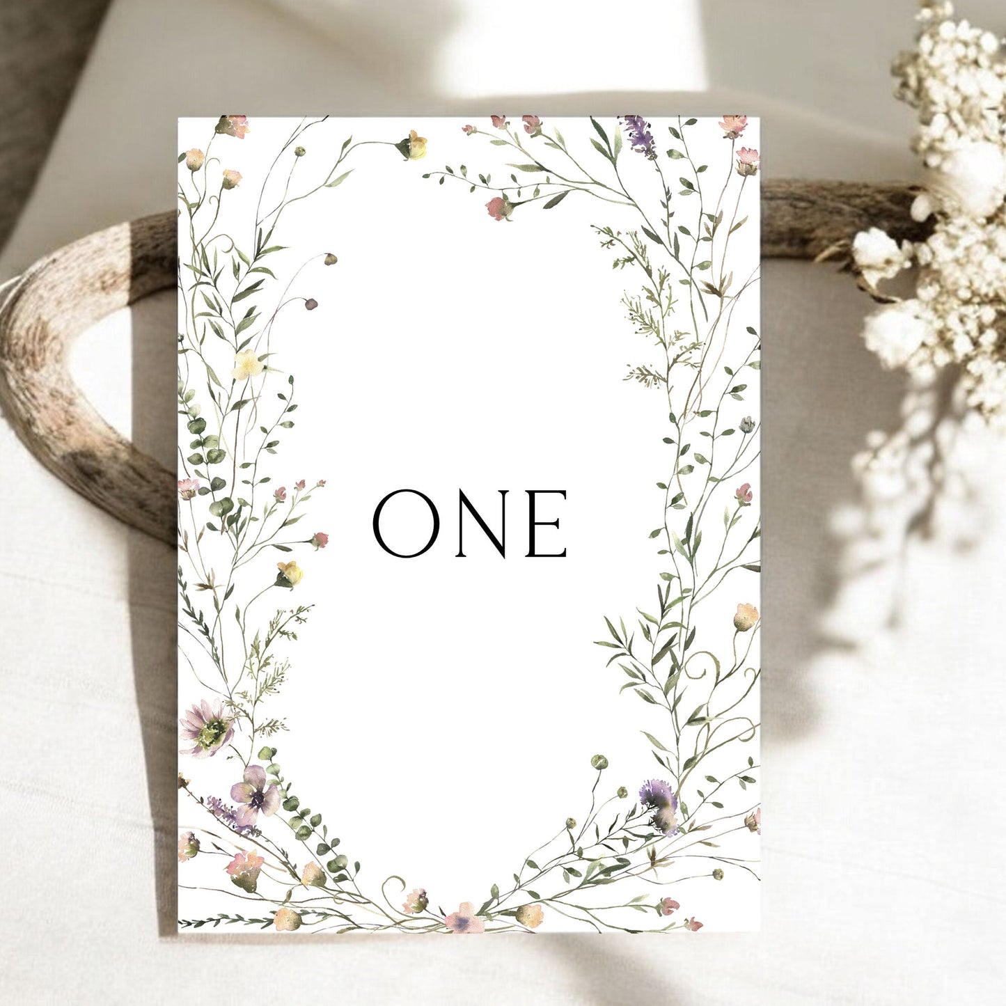Ophelia Wildflower Wreath Wedding Table Number Cards 5x7" Digital Template Ivy and Gold Wedding Stationery