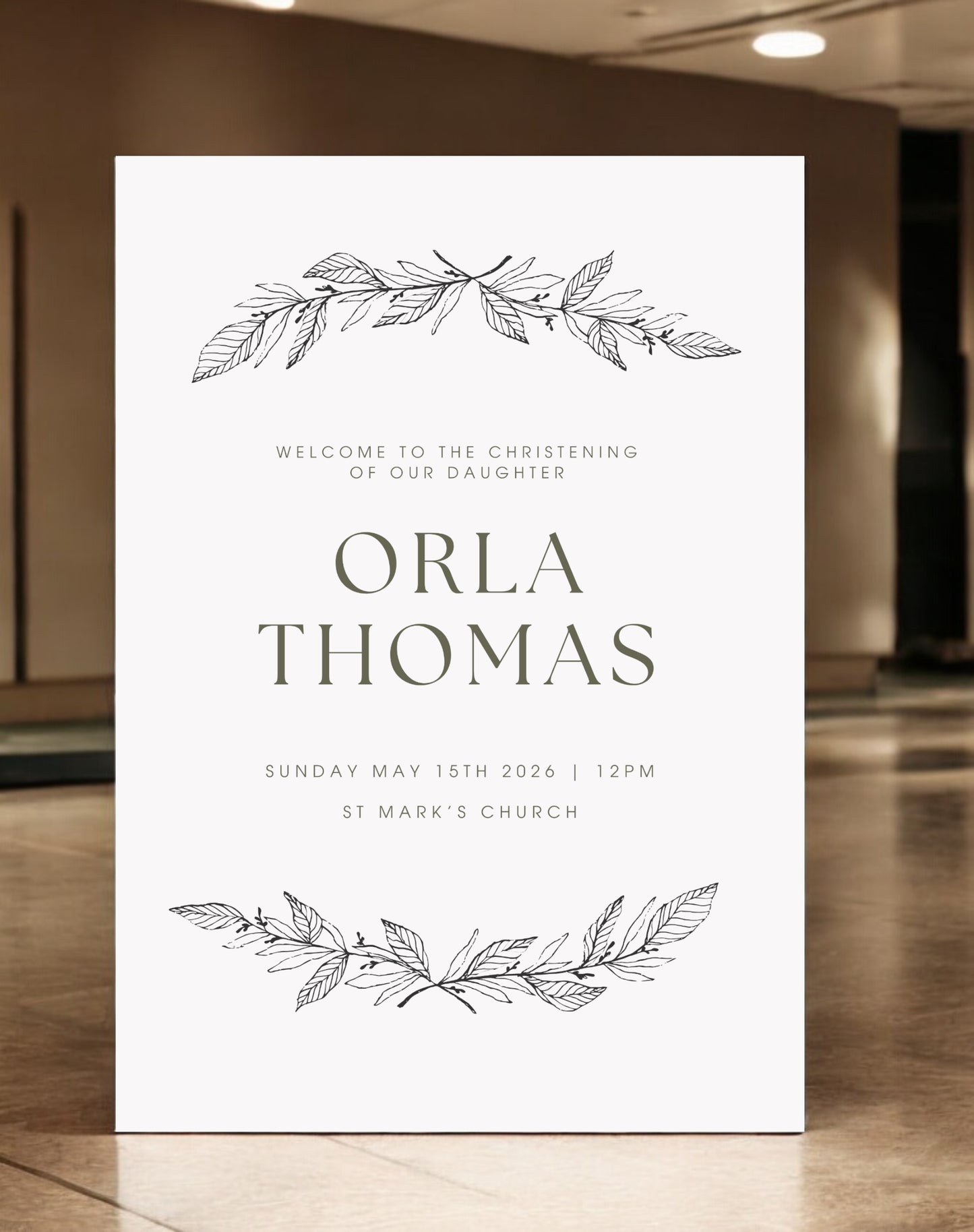 Orla Botanical Christening Welcome Sign - Ivy and Gold Wedding Stationery