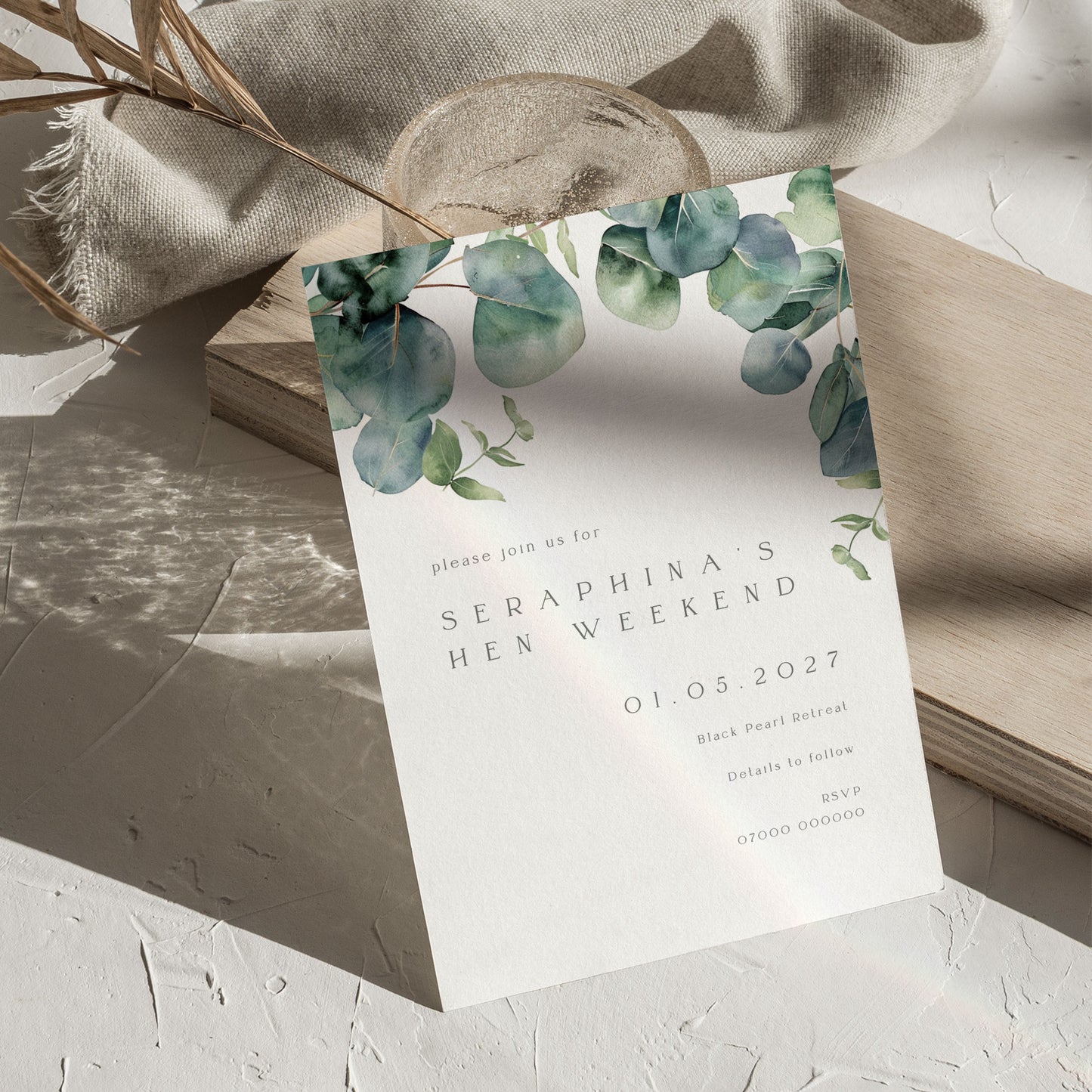 Seraphina Eucalyptus Hen Itinerary & Invitation