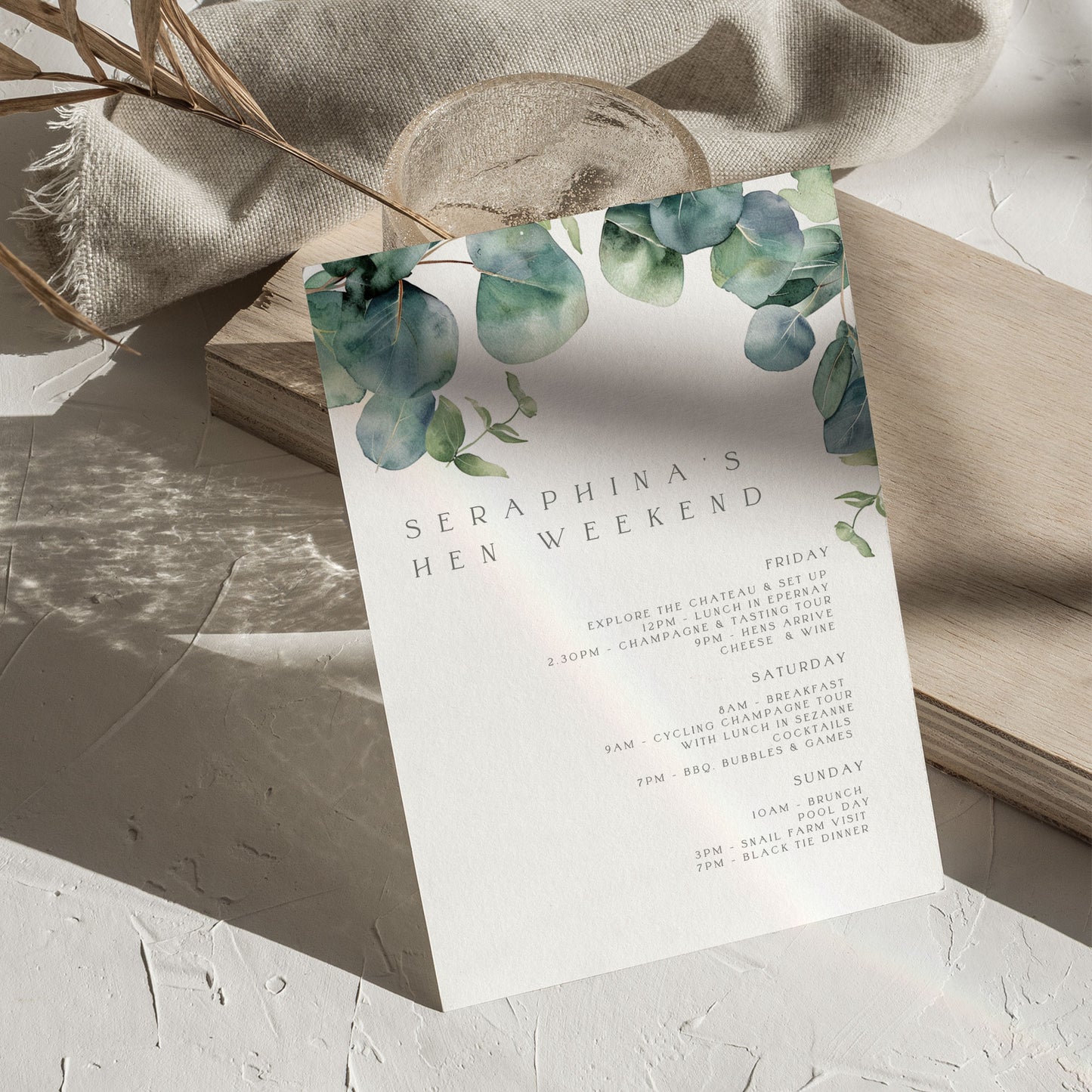 Seraphina Eucalyptus Hen Itinerary & Invitation