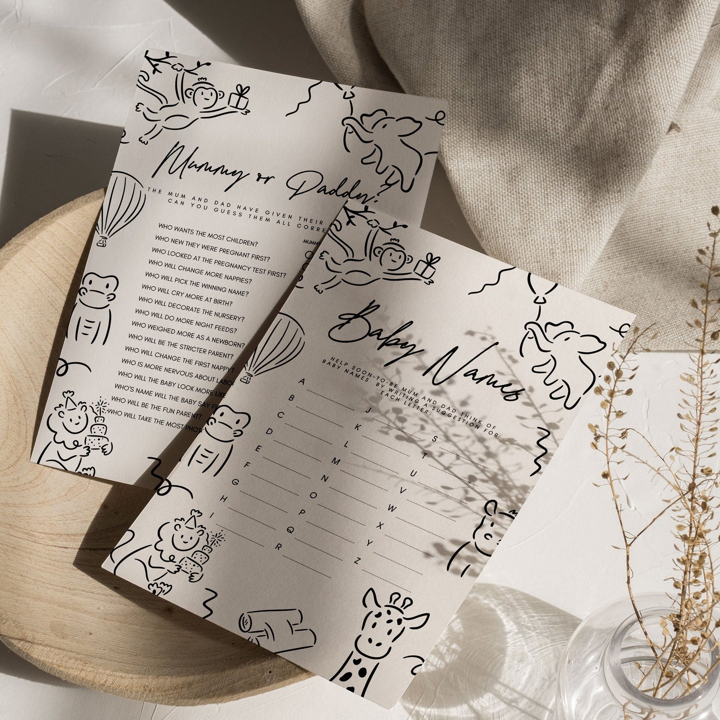 Doodle Wild One Safari Animal Baby Shower Invitation & Full Stationery Bundle - Whimsical Canva Design Ivy and Gold Wedding Stationery
