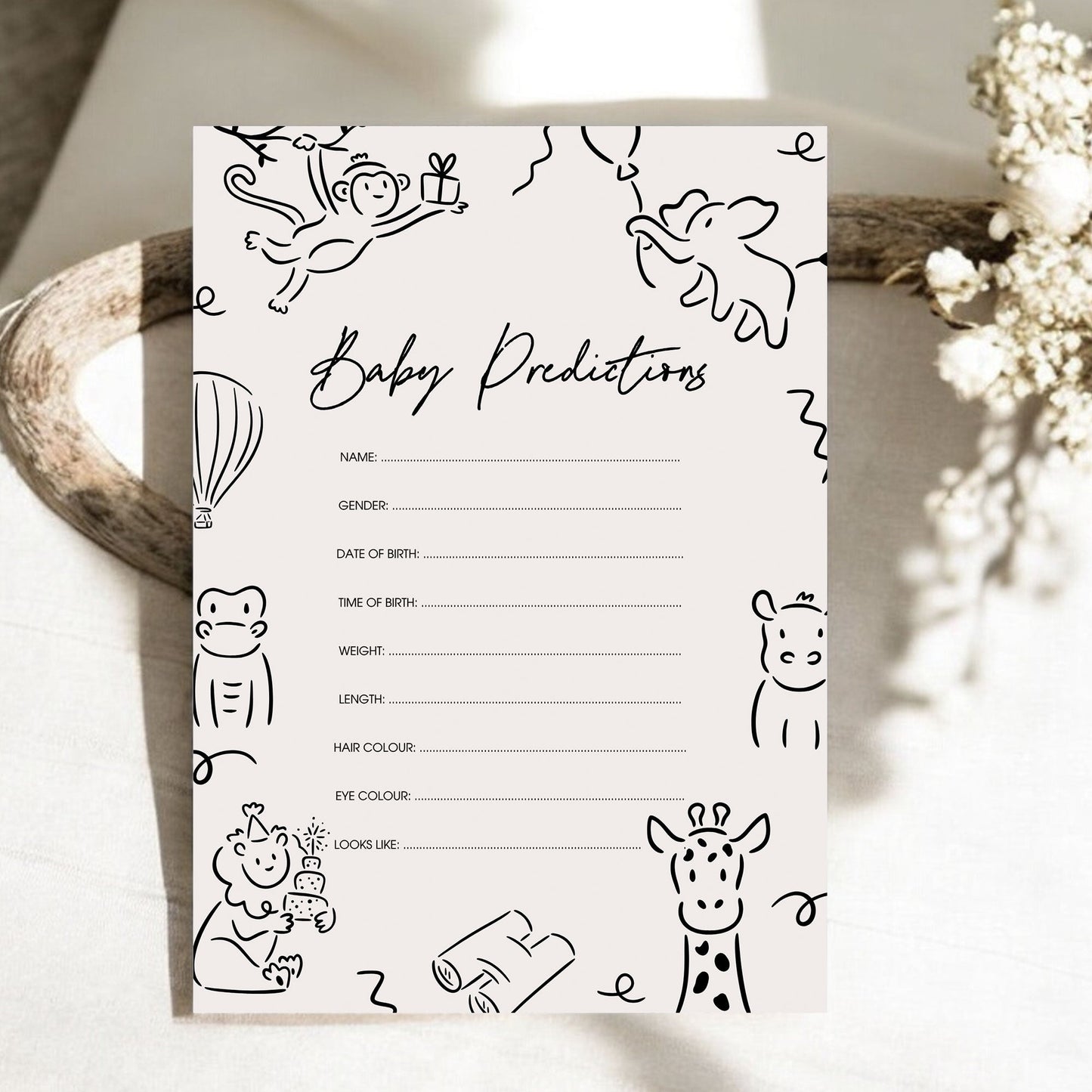 Doodle Wild One Safari Animal Baby Shower Invitation & Full Stationery Bundle - Whimsical Canva Design Ivy and Gold Wedding Stationery