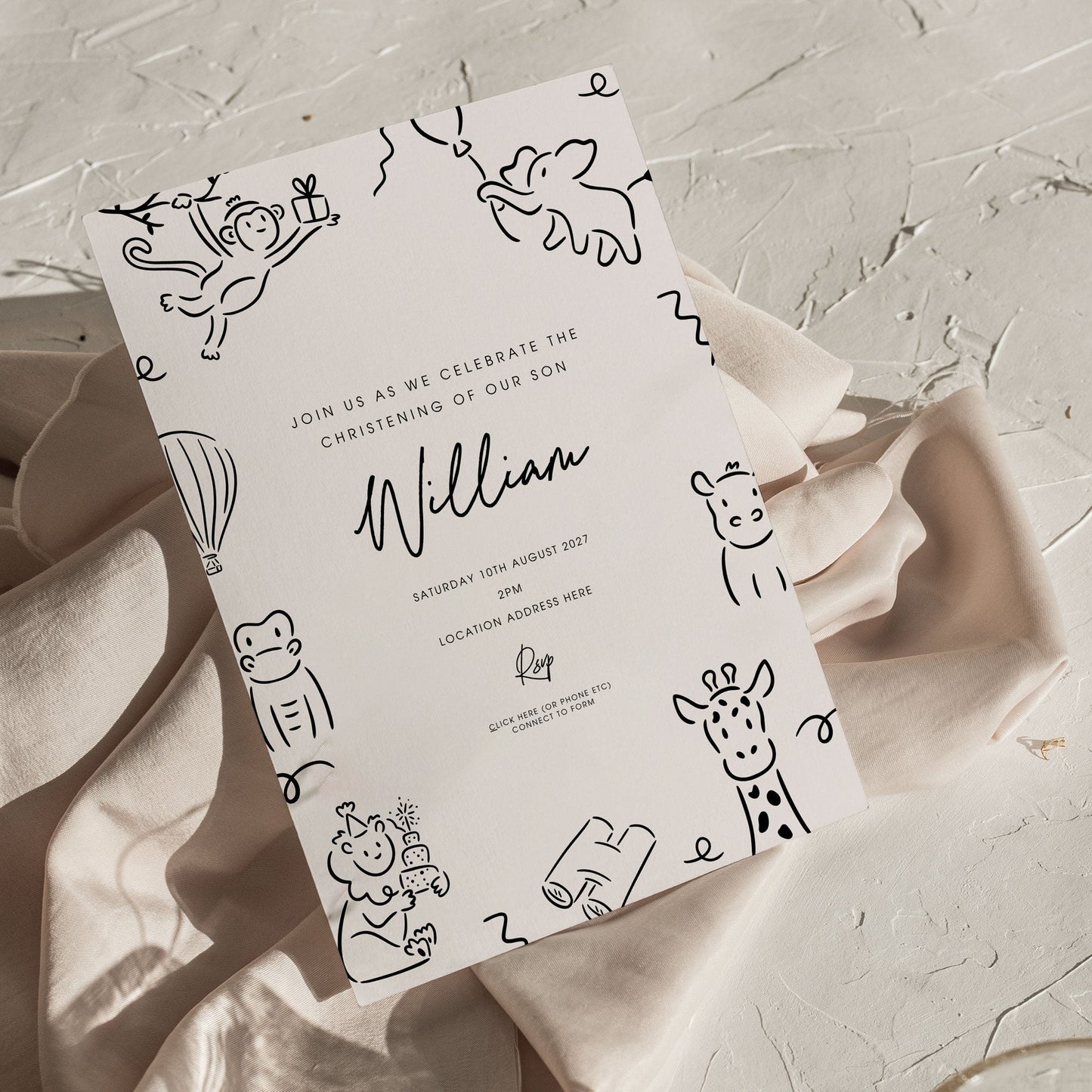William Doodle Animal Christening Invitation & A1 Welcome Sign Bundle - Whimsical Digital Template Ivy and Gold Wedding Stationery
