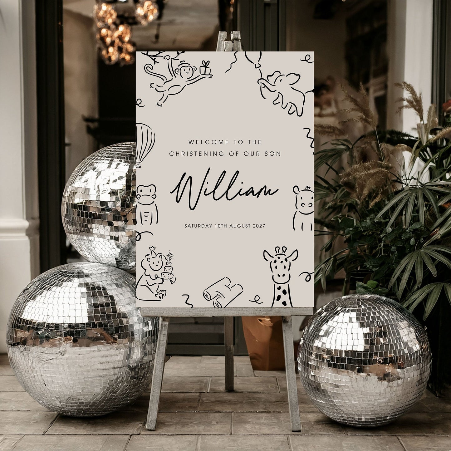 William Doodle Animal Christening Invitation & A1 Welcome Sign Bundle - Whimsical Digital Template Ivy and Gold Wedding Stationery