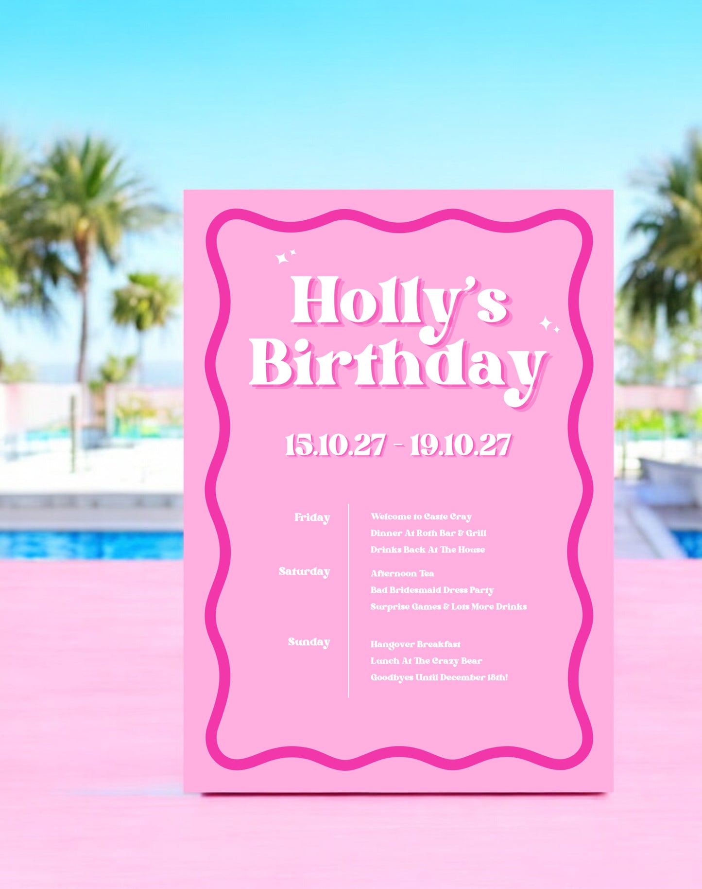 Holly Wavy Pink Birthday Itinerary & Invitation - Ivy and Gold Wedding Stationery