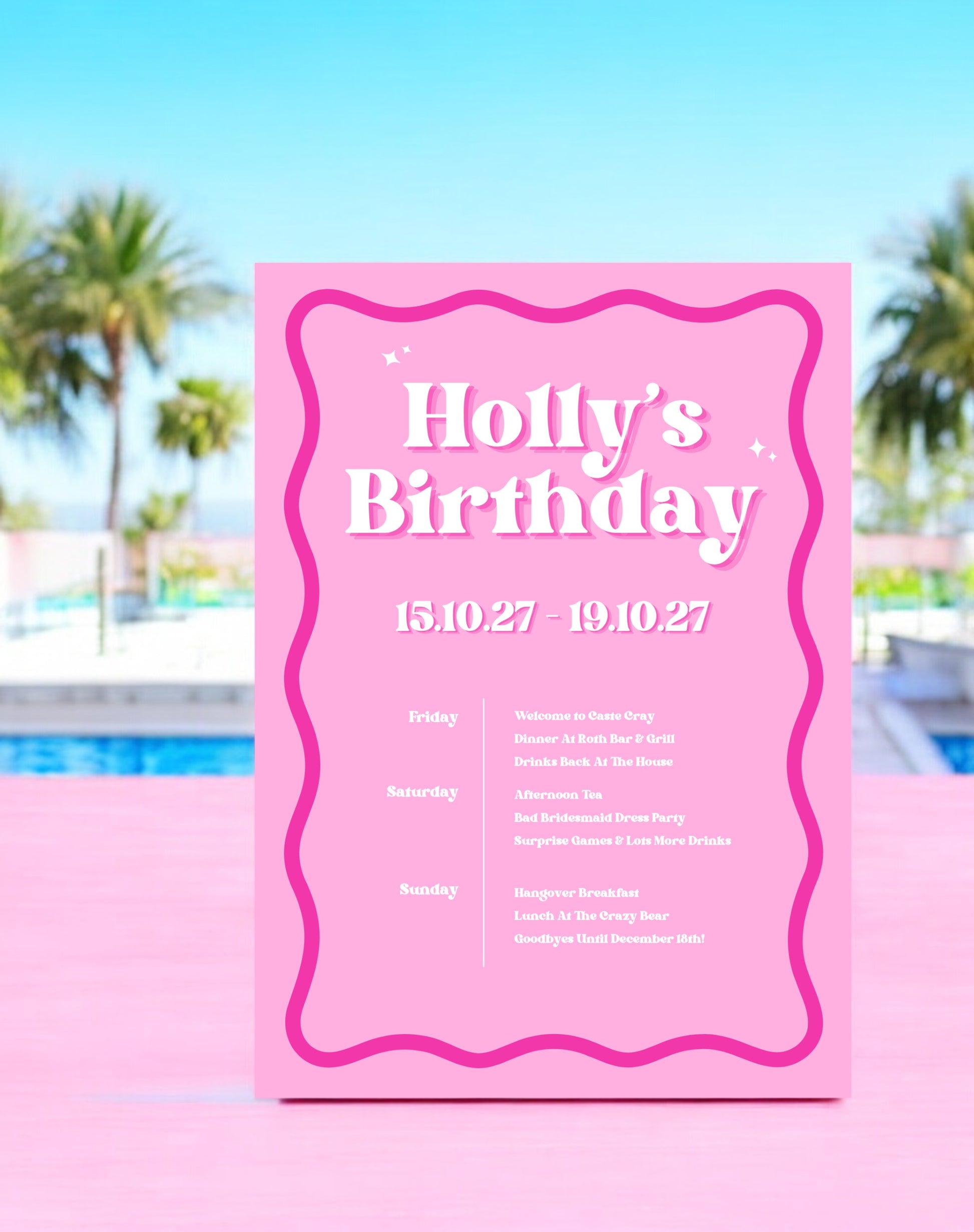 Holly Wavy Pink Birthday Itinerary & Invitation - Ivy and Gold Wedding Stationery