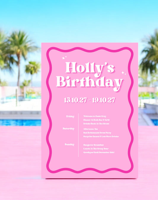 Holly Wavy Pink Birthday Itinerary & Invitation - Ivy and Gold Wedding Stationery