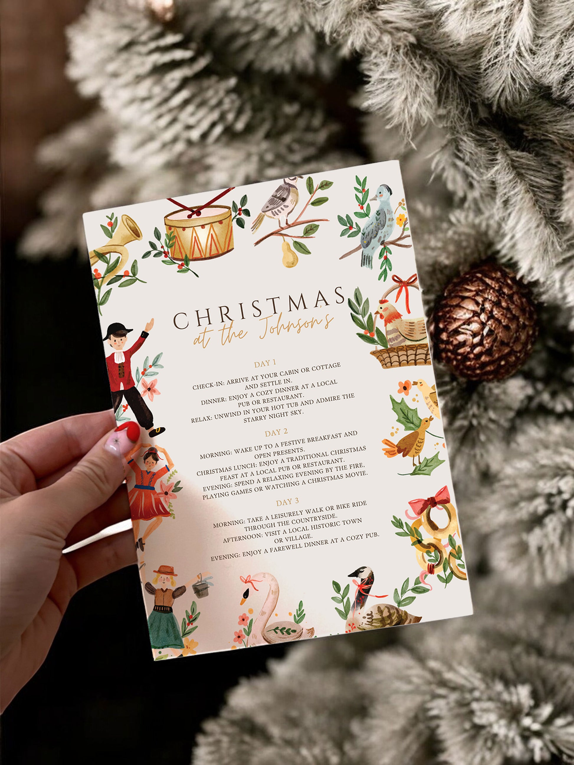 Printable itinerary card with a Christmas theme