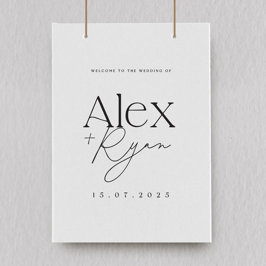 welcome to our wedding sign with minimal design in white