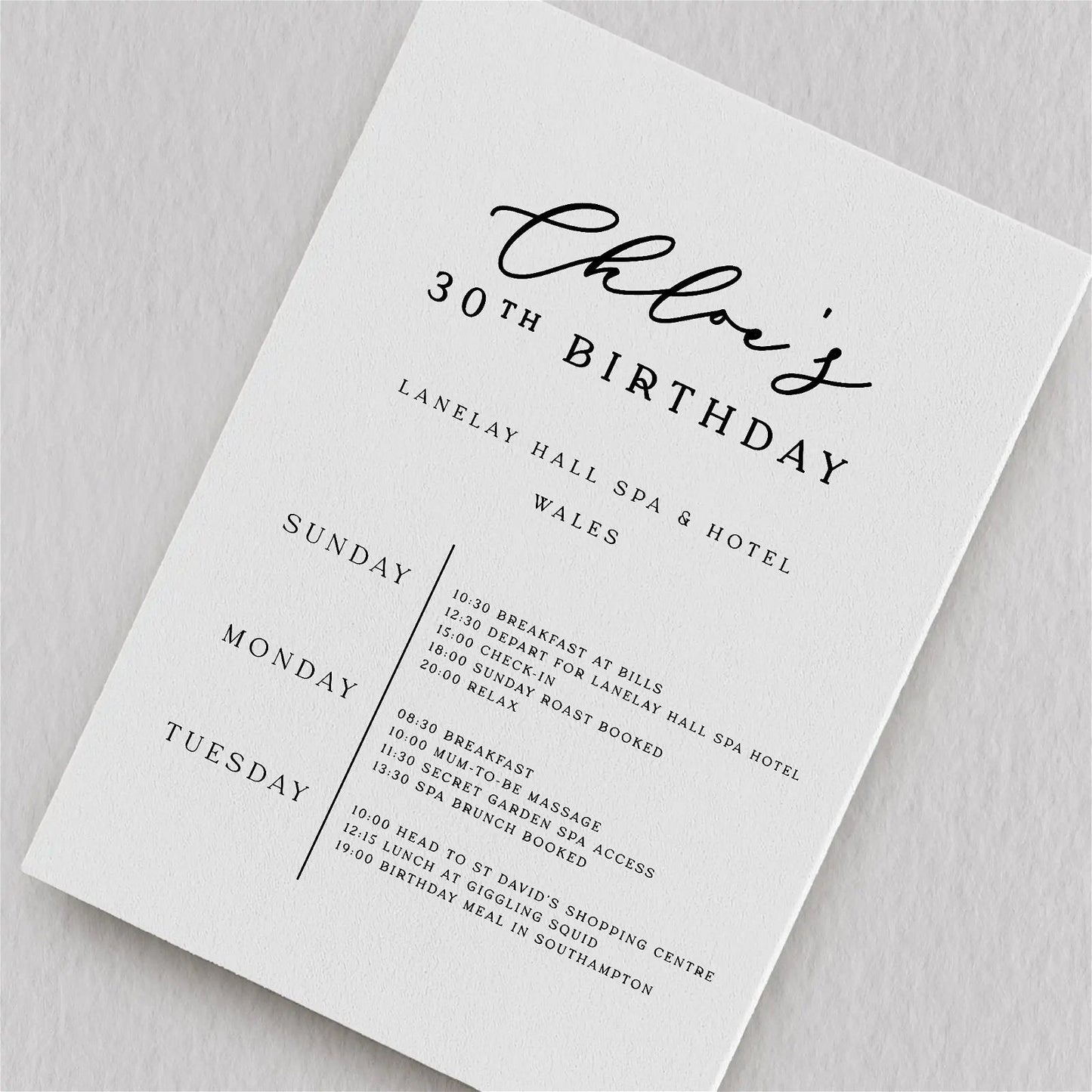 Personalised Birthday Weekend Itinerary Card - Ivy and Gold Wedding Stationery