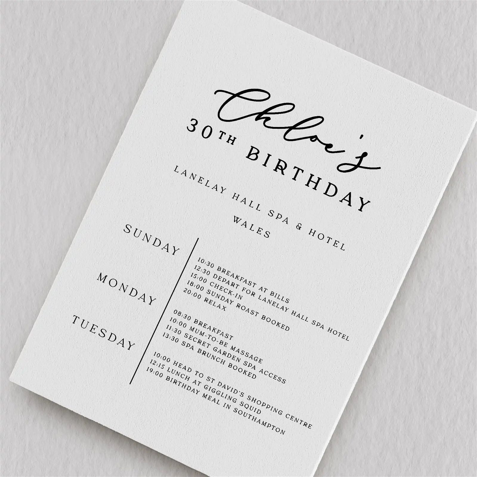 Personalised Birthday Weekend Itinerary Card - Ivy and Gold Wedding Stationery