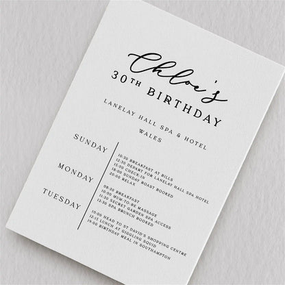 Personalised Birthday Weekend Itinerary Card - Ivy and Gold Wedding Stationery