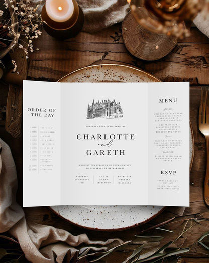 Charlotte | Venue Illustration Gatefold Invitation - Ivy and Gold Wedding Stationery