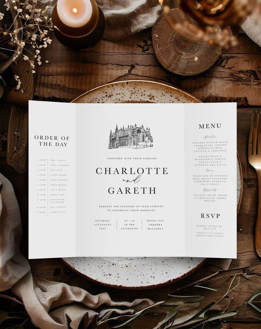 Charlotte | Venue Illustration Gatefold Invitation - Ivy and Gold Wedding Stationery