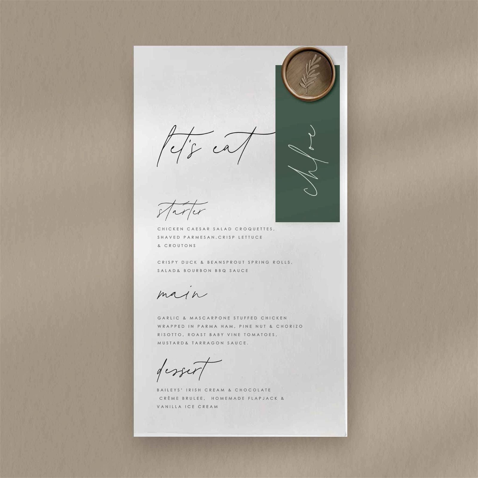 Chloe Menu - Ivy and Gold Wedding Stationery