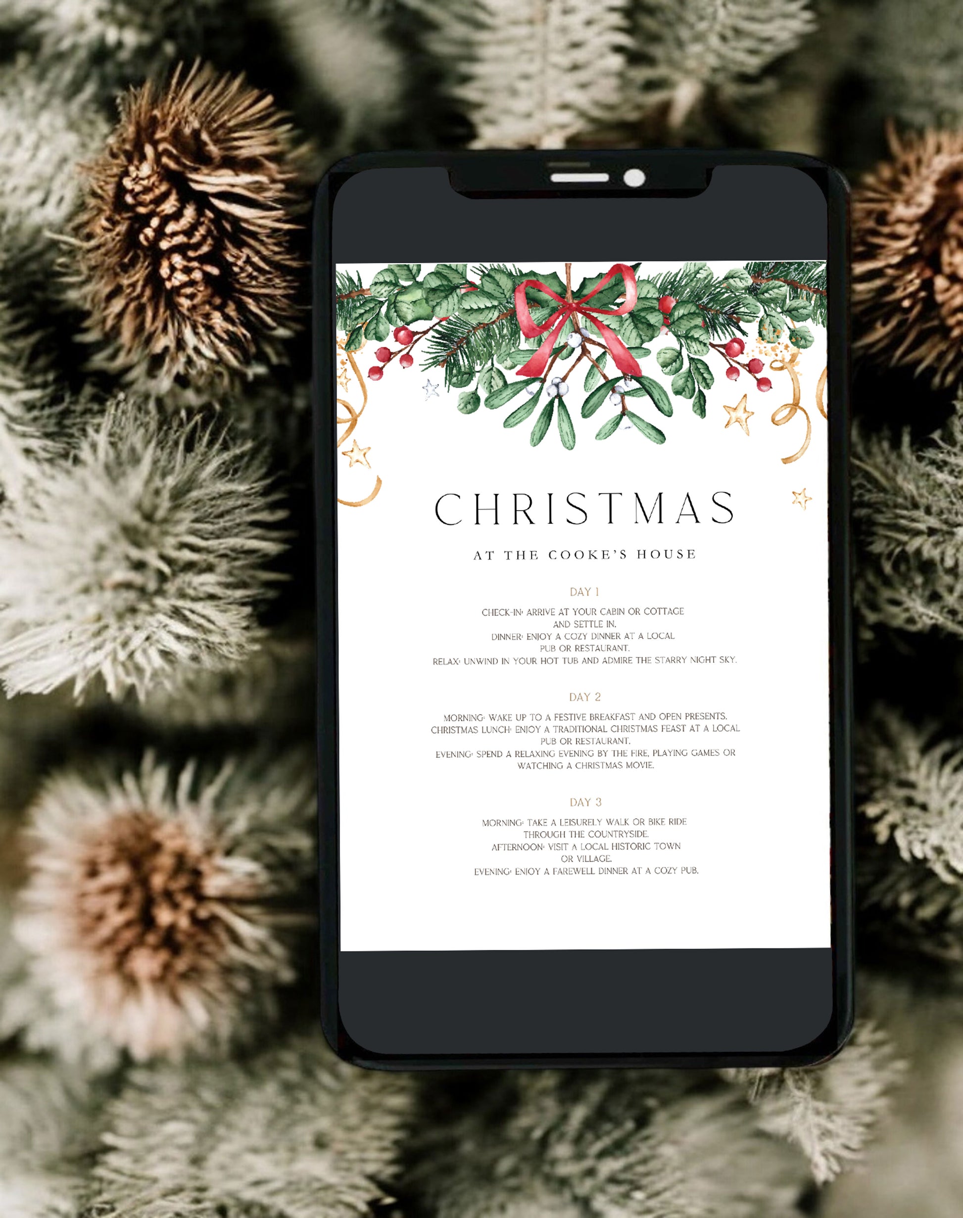 Christmas itinerary template for mobile with a garland design at the top