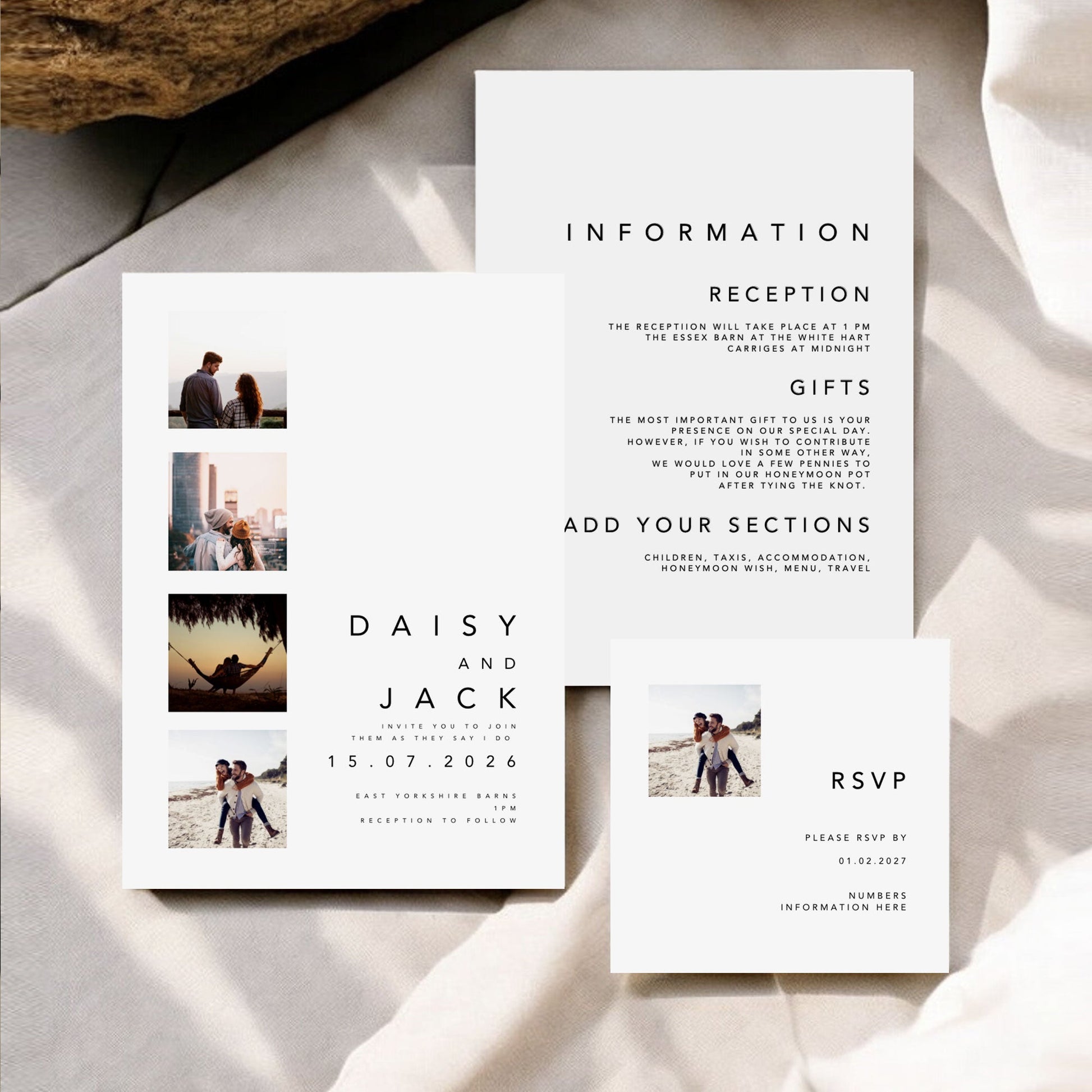 Daisy Photo Strip Wedding Invitation - Unique Photo Booth Style Ivy and Gold Wedding Stationery