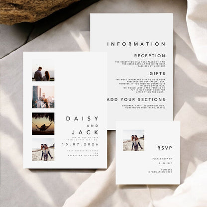Daisy Photo Strip Wedding Invitation - Unique Photo Booth Style Ivy and Gold Wedding Stationery