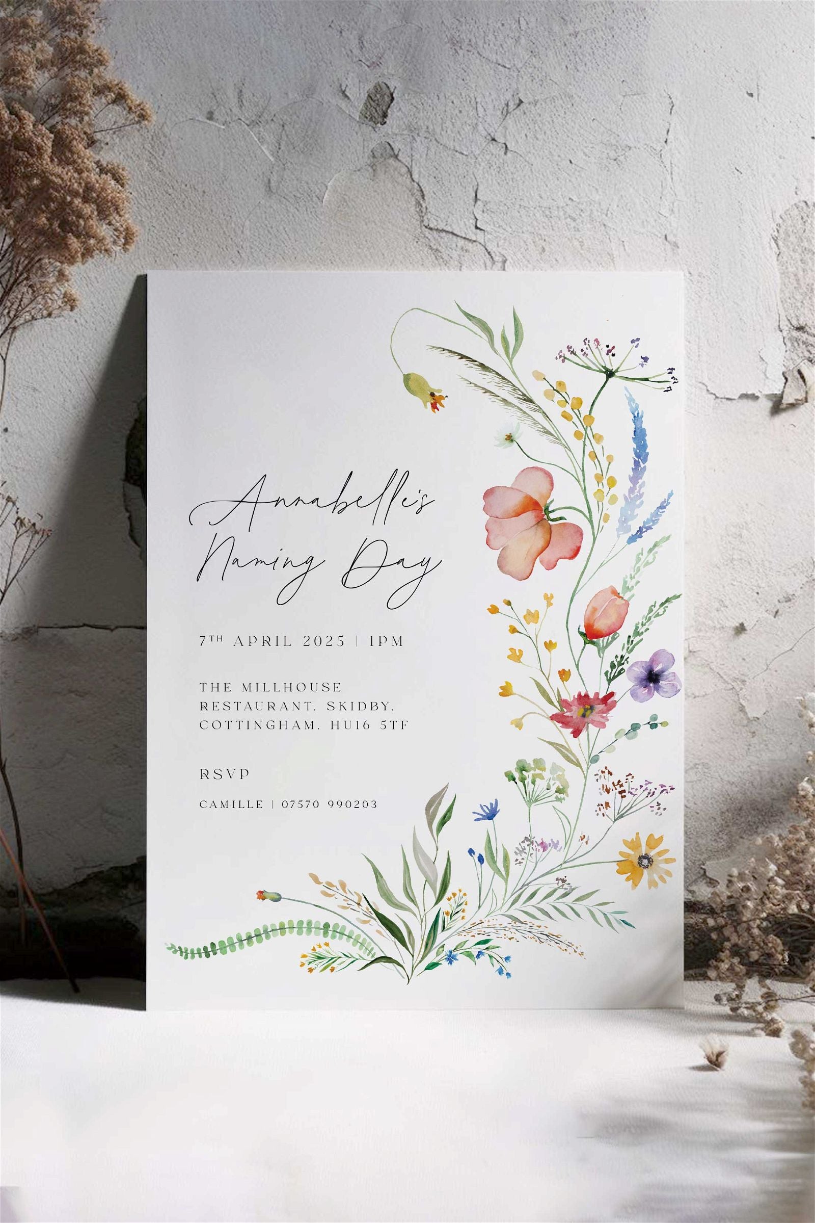 Delicate Flower Naming Day Invitation - Ivy and Gold Wedding Stationery
