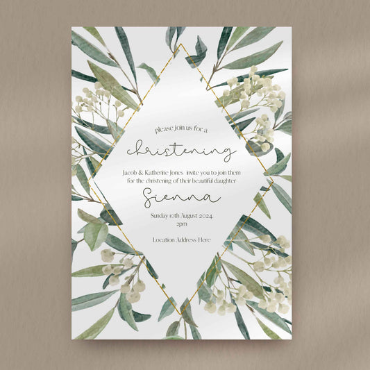 Diamond Foliage Christening Invitation