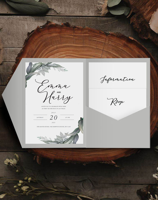 Emma | Greenery Pocketfold Invitation - Ivy and Gold Wedding Stationery