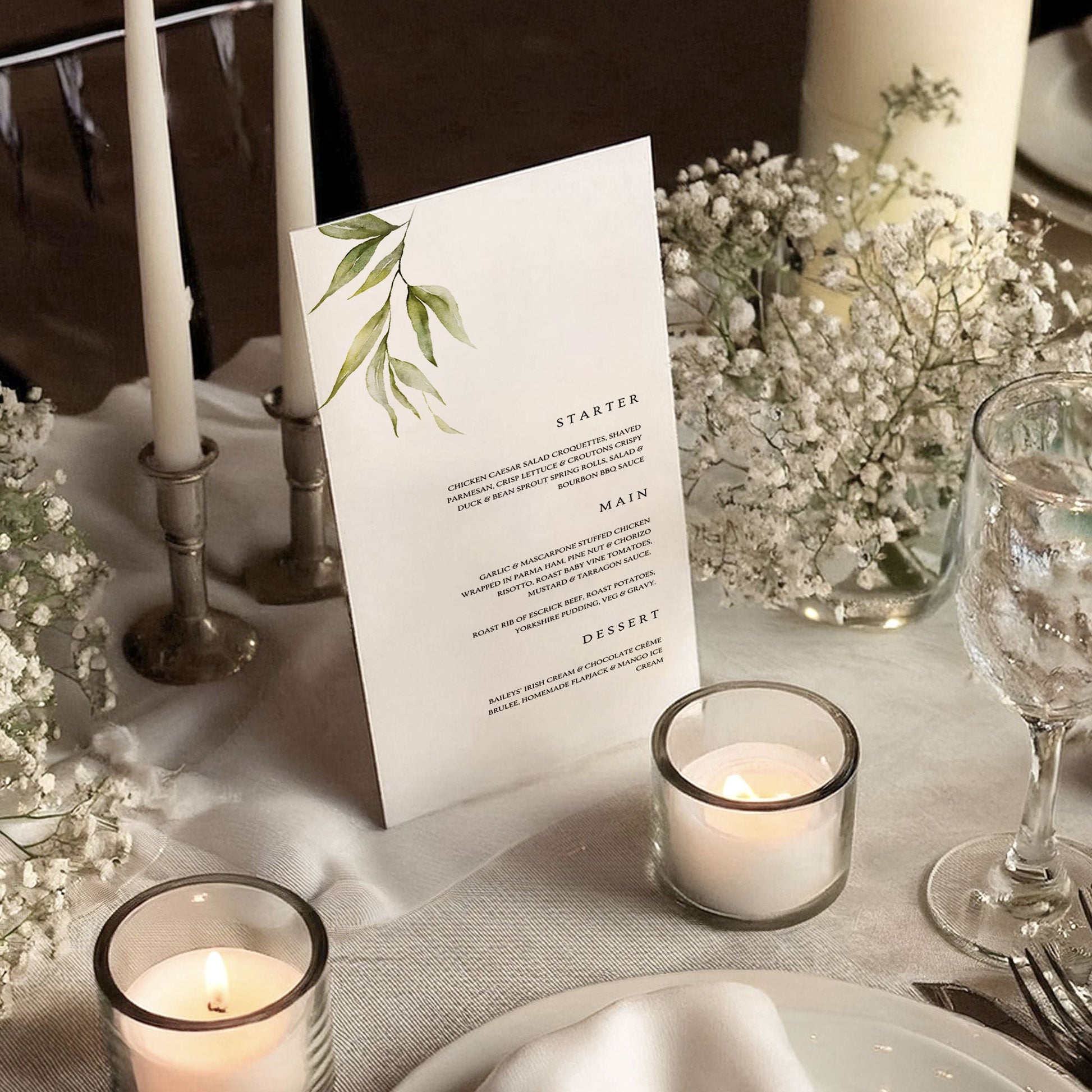 Farrah Green Leaf Wedding Menu Card | Minimalist Botanical Foliage Ivy and Gold Wedding Stationery