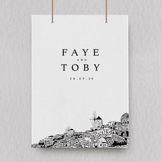 Santorini Skyline Illustration On A White Welcome SIgn For A Wedding