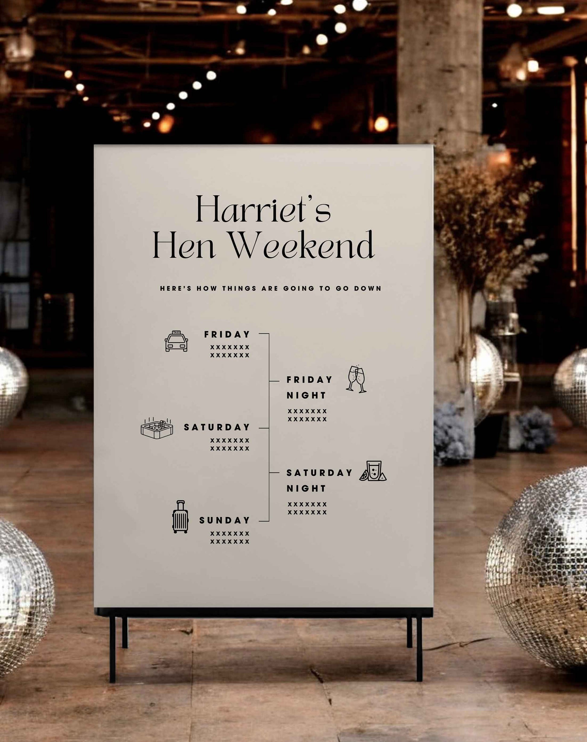 Hen Party Timeline Sign - Ivy and Gold Wedding Stationery