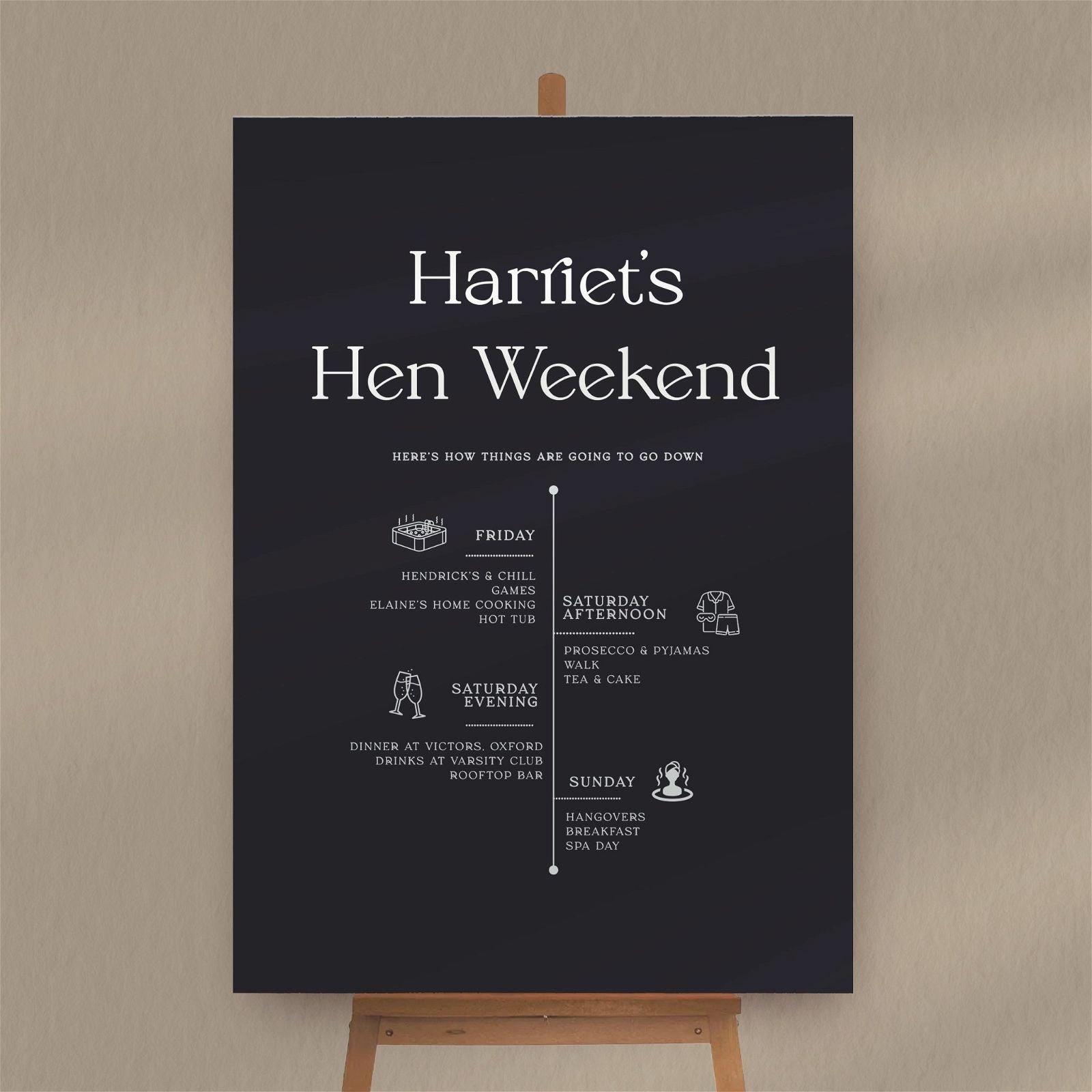 Hen Party Timeline Sign - Ivy and Gold Wedding Stationery