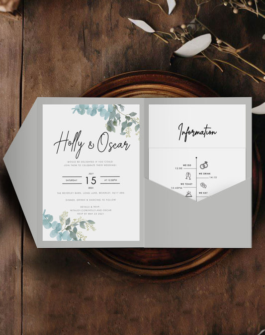 Holly Eucalyptus Pocketfold Invitation - Ivy and Gold Wedding Stationery