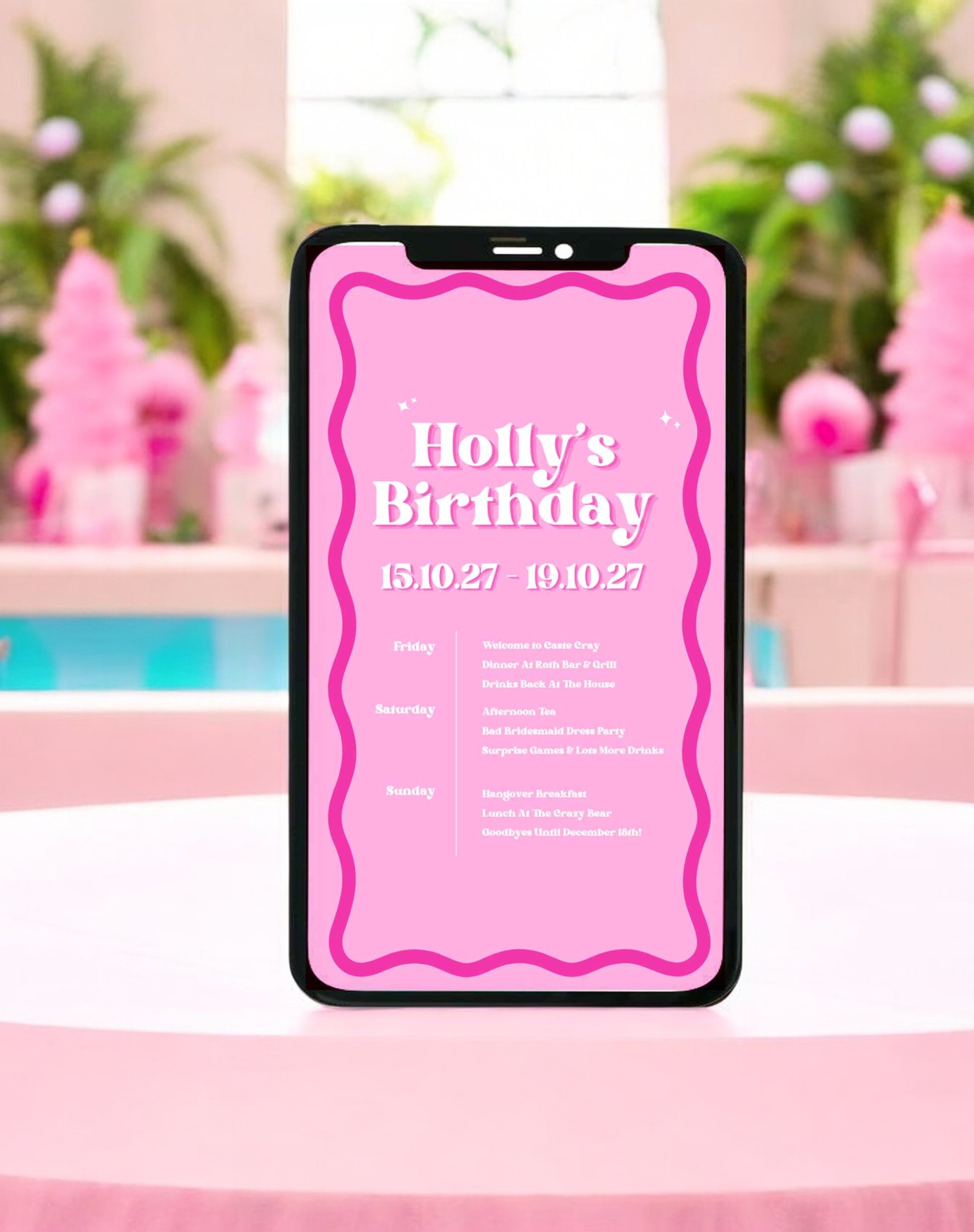 Holly Wavy Pink Birthday Itinerary & Invitation - Ivy and Gold Wedding Stationery