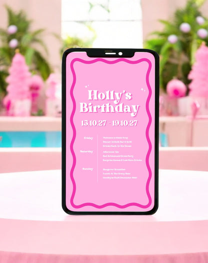 Holly Wavy Pink Birthday Itinerary & Invitation - Ivy and Gold Wedding Stationery