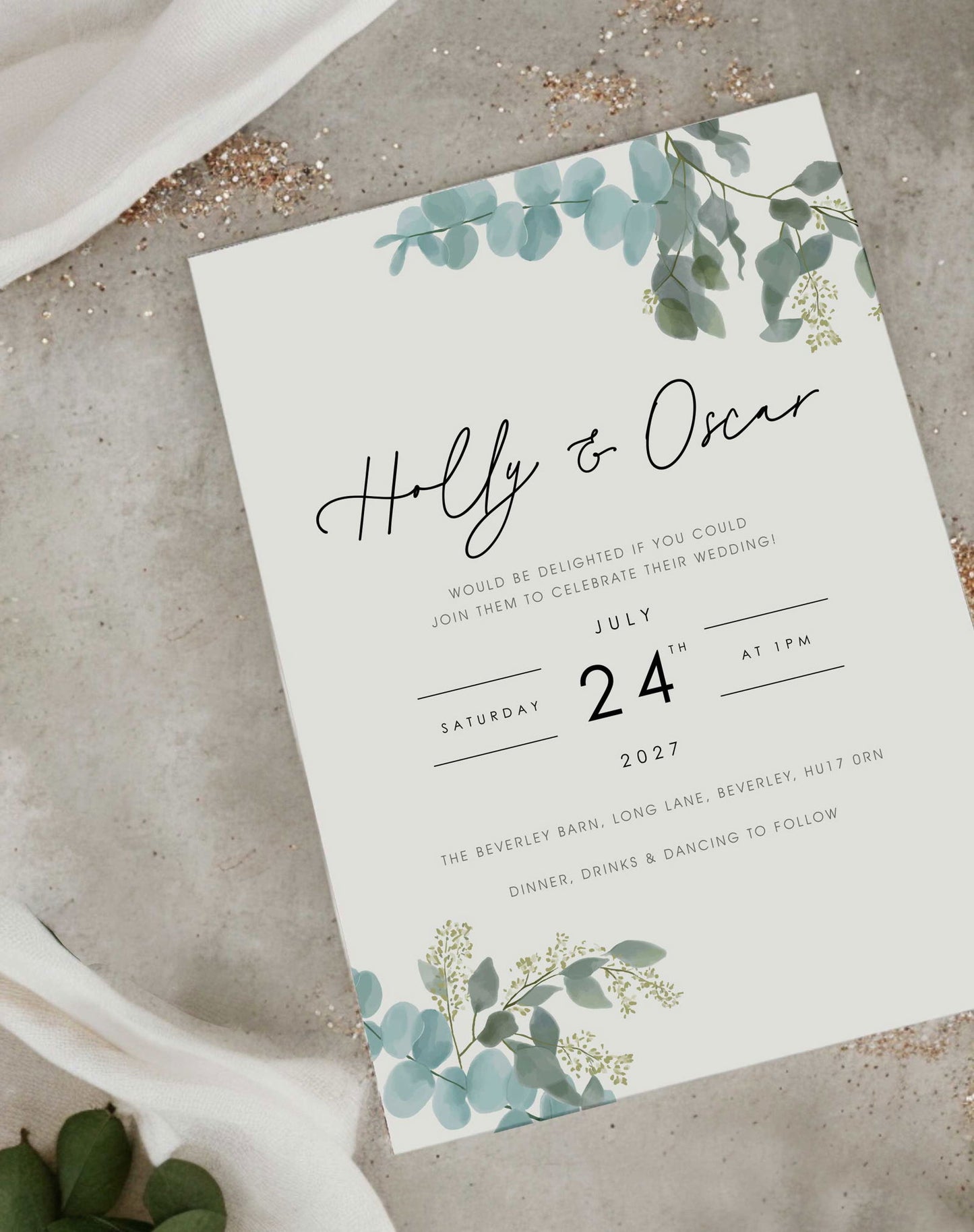 Holly | Eucalyptus Wedding Invitation - Ivy and Gold Wedding Stationery
