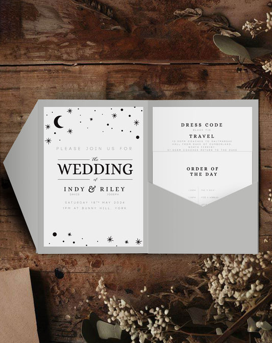 Indy Moon & Stars Pocketfold Invitation - Ivy and Gold Wedding Stationery