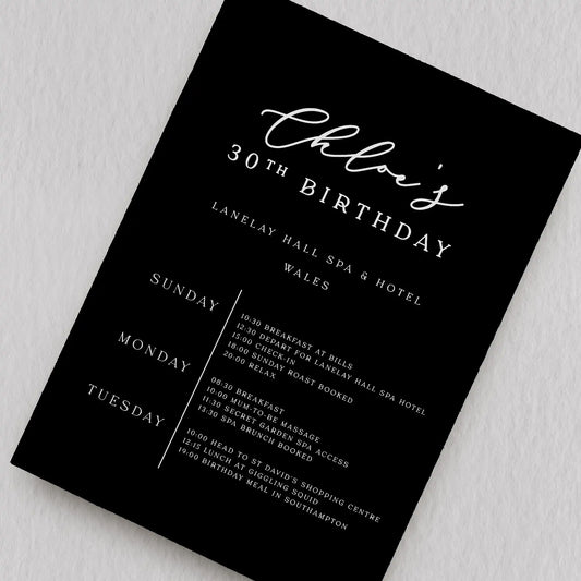 Birthday Itinerary Card In Black With White Ink