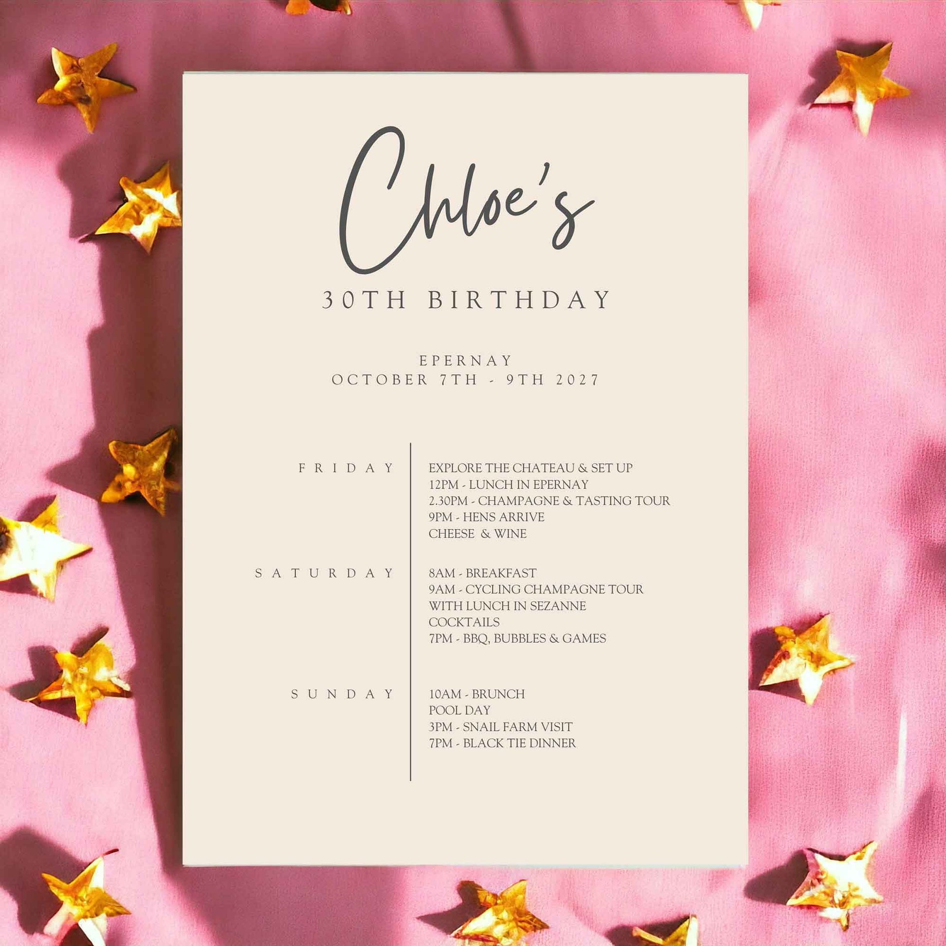 Personalised Birthday Weekend Itinerary Card - Ivy and Gold Wedding Stationery